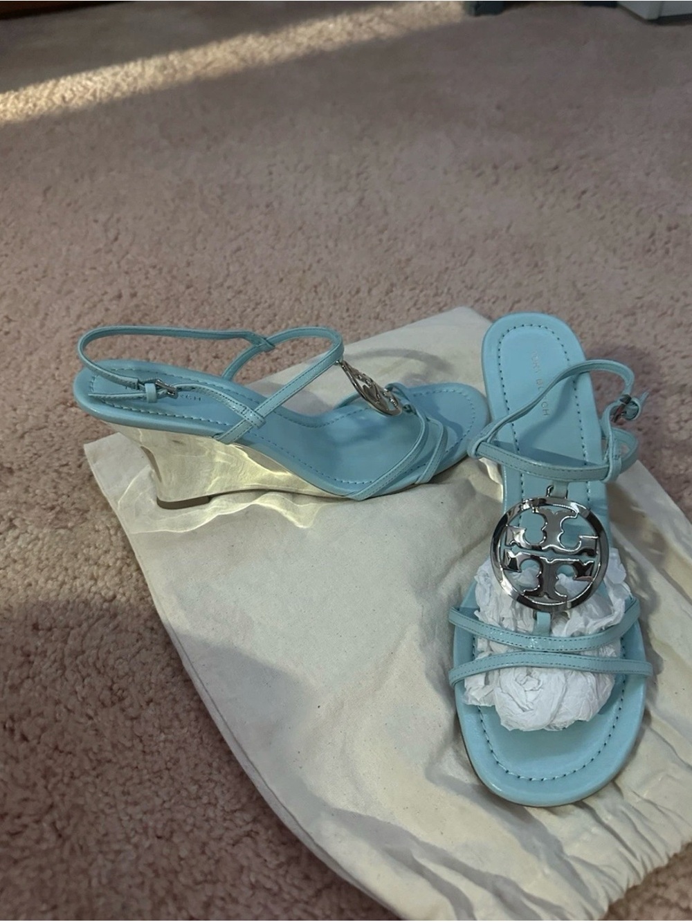 Tory Burch Light Blue Strappy Wedge Sandals with Silver Logo